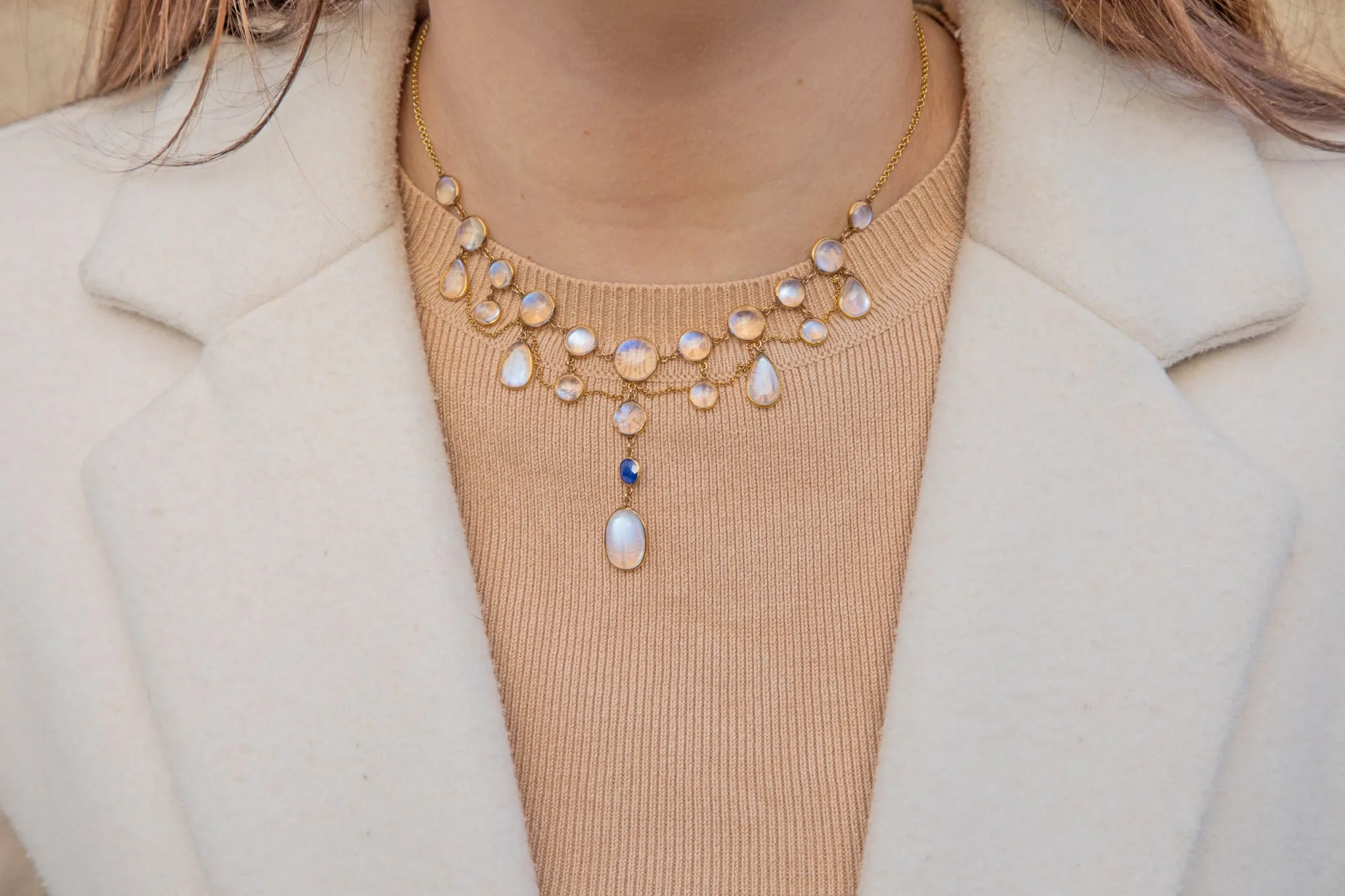 13.5" Victorian 18ct Gold Carved Ceylon Moonstone & Natural Sapphire Fringe Necklace