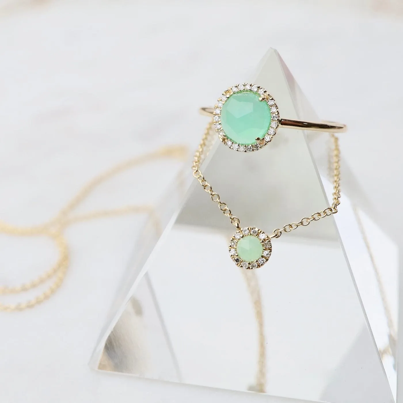 14k Chrysophase Diamond Halo Necklace
