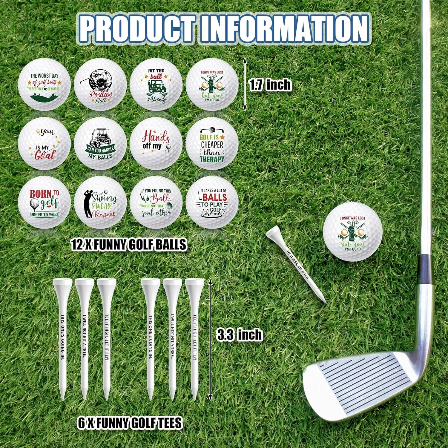 18 Pcs Funny Golf Balls Gifts Set 12 Humor Golf Balls and 6 Tees for Men Women Coworkers Employees Golfers Birthday Retirement