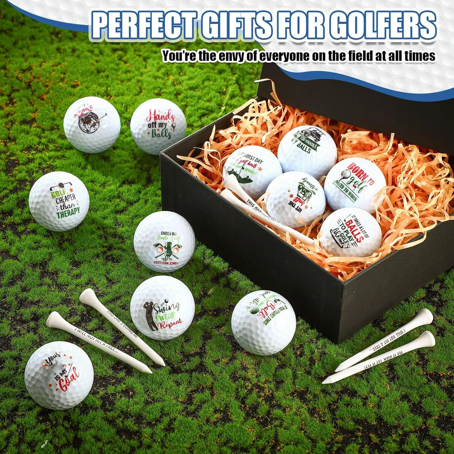 18 Pcs Funny Golf Balls Gifts Set 12 Humor Golf Balls and 6 Tees for Men Women Coworkers Employees Golfers Birthday Retirement