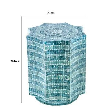 20 Inch Stool Table, Capiz Shell Inlay, Floral Geometric Design, Turquoise By Casagear Home