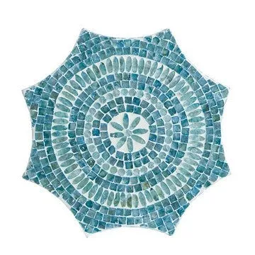 20 Inch Stool Table, Capiz Shell Inlay, Floral Geometric Design, Turquoise By Casagear Home