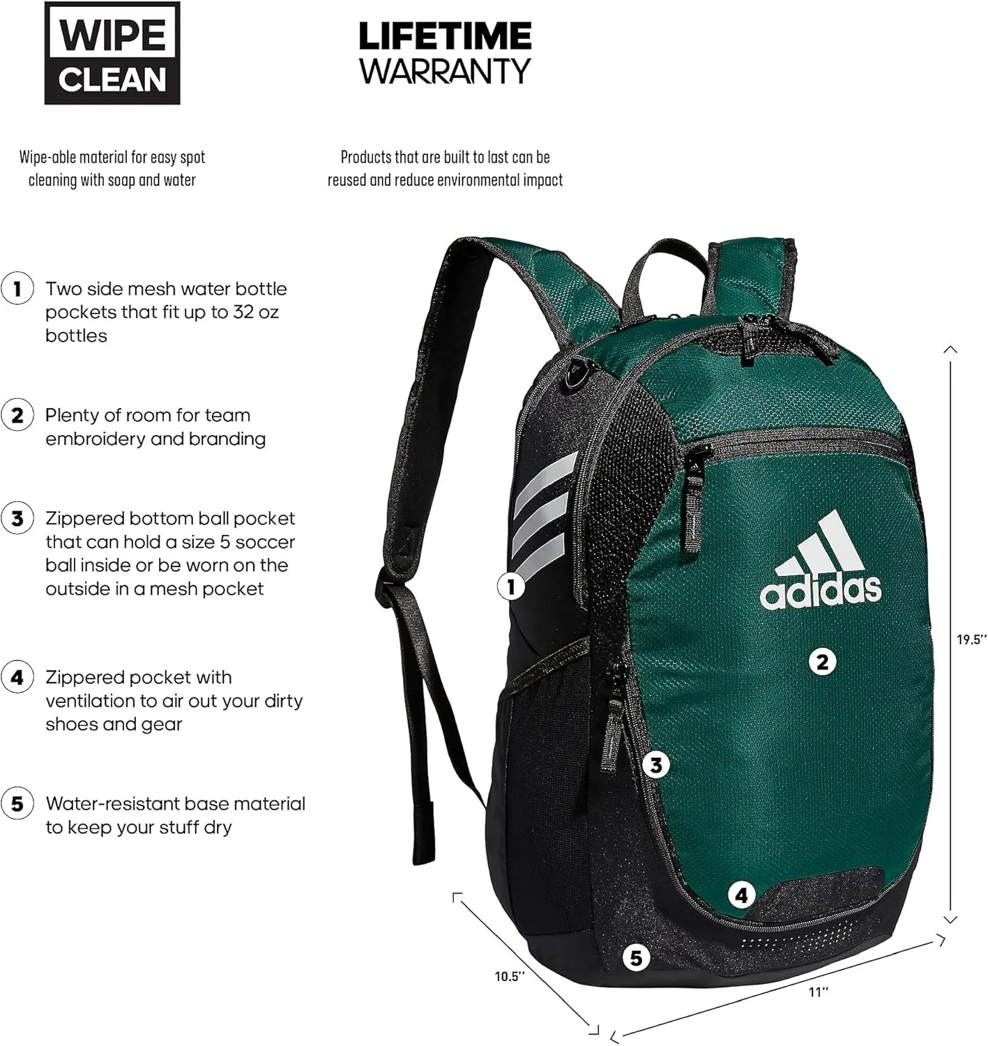 adidas Stadium Team Sports Backpack for Men and Women (36l) Durable Athletic Laptop Bag, Dark Green/3.0, One Size