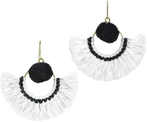 AeraVida Stylish Fan Shaped White Tassels with Black Accents Brass Dangle Earrings | Fan Earrings for Women | Black and White Tassel Earrings | Boho Dangle Earrings