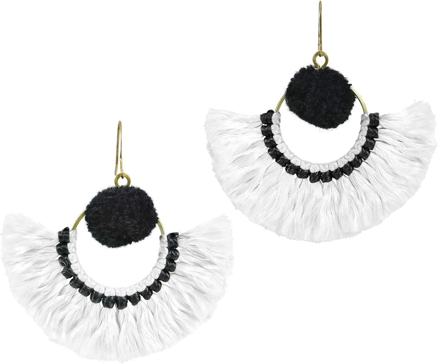 AeraVida Stylish Fan Shaped White Tassels with Black Accents Brass Dangle Earrings | Fan Earrings for Women | Black and White Tassel Earrings | Boho Dangle Earrings
