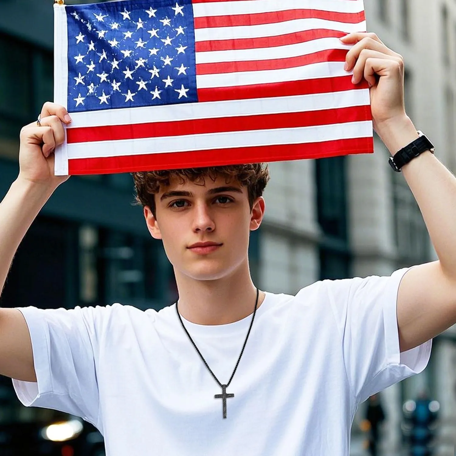 American Flag Cross Necklace for Boys Men Inspirational Christian Bible Verse Cross Pendant Stainless Steel Chain 20 2 inch Patriotic Jewelry Religious Gift for Men