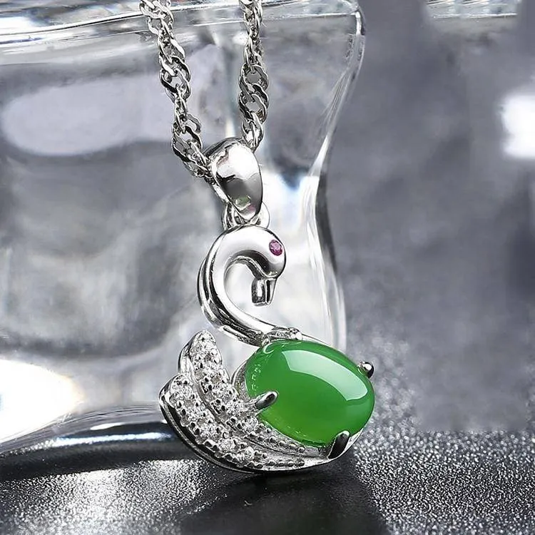 Baikalla™ "Love Swan" Genuine Nephrite Green Jade Swan Pendant Necklace with Tourmaline & CZ