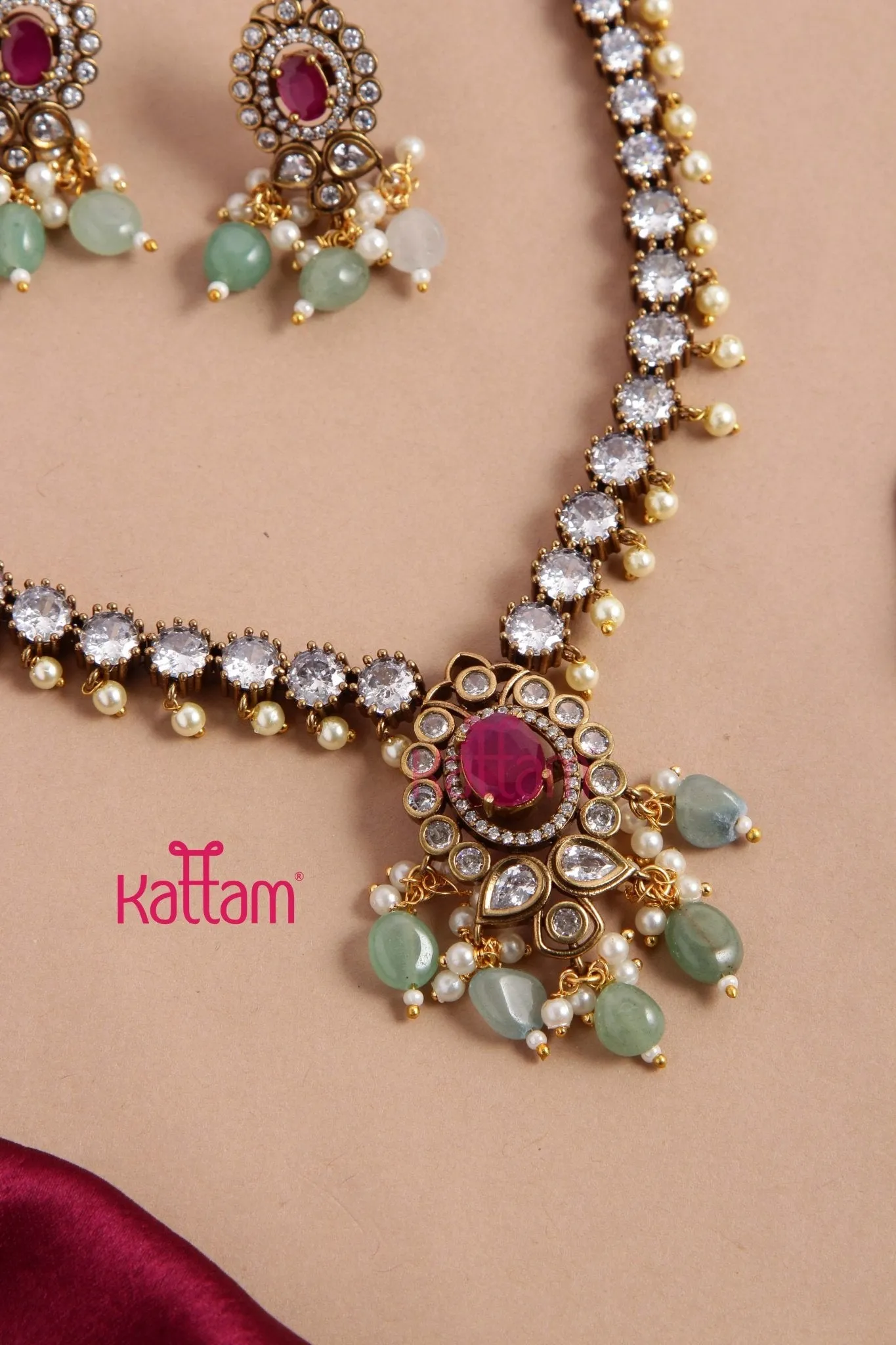 Clara Interchangeable Stone AD Green Short Necklace