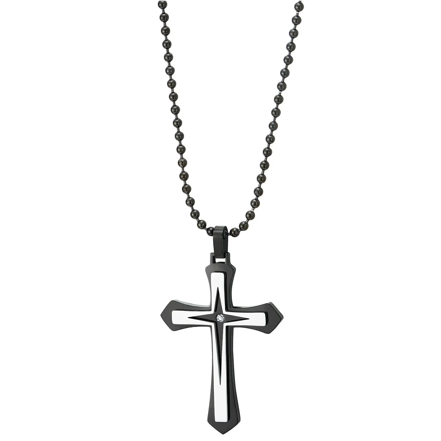 COOLSTEELANDBEYOND Mens Womens Cross Pendant Necklace with Cubic Zirconia, Steel Silver Black, Stylish, 30 inches Chain