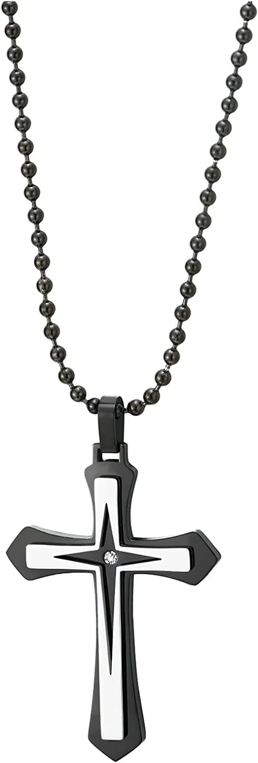 COOLSTEELANDBEYOND Mens Womens Cross Pendant Necklace with Cubic Zirconia, Steel Silver Black, Stylish, 30 inches Chain