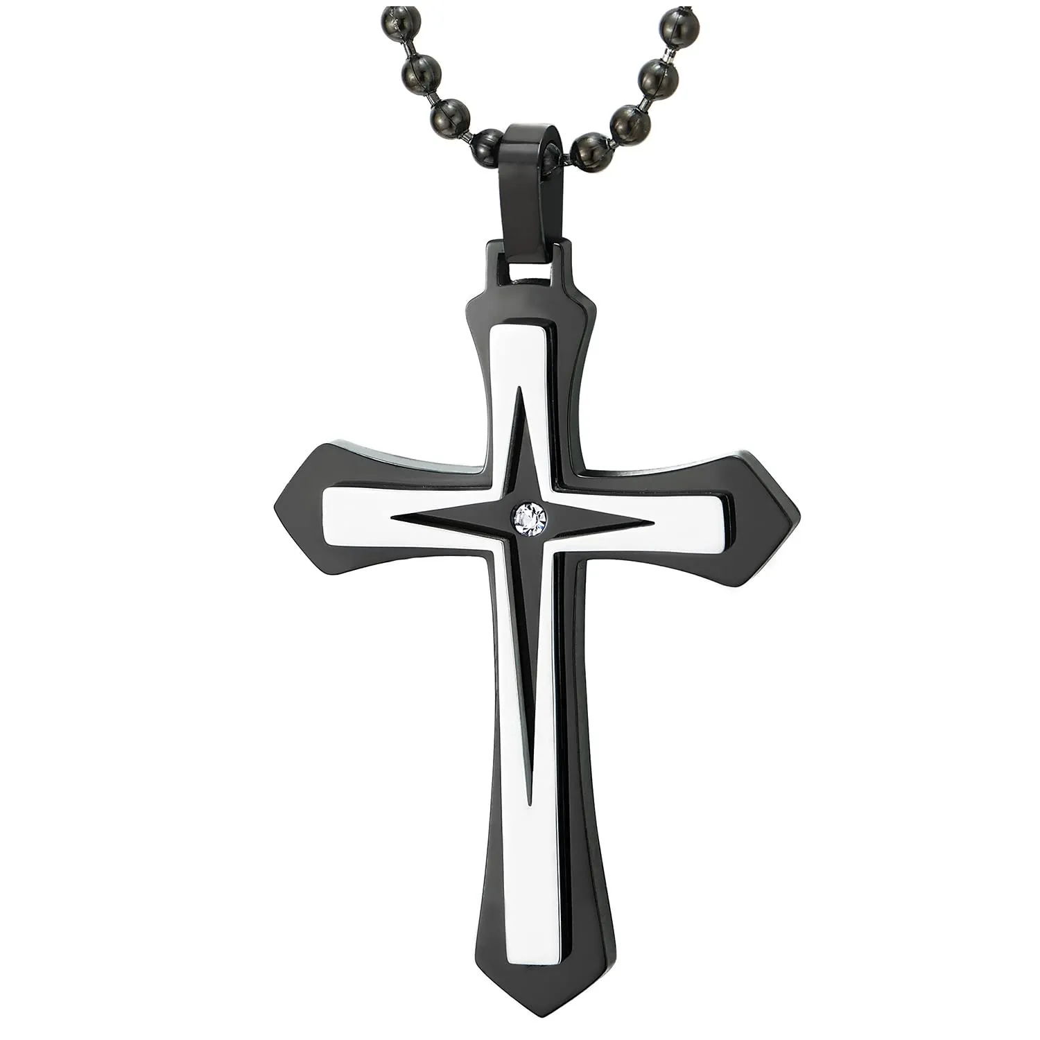 COOLSTEELANDBEYOND Mens Womens Cross Pendant Necklace with Cubic Zirconia, Steel Silver Black, Stylish, 30 inches Chain