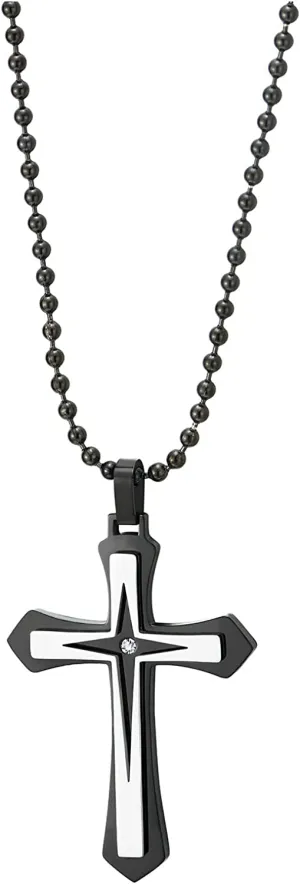 COOLSTEELANDBEYOND Mens Womens Cross Pendant Necklace with Cubic Zirconia, Steel Silver Black, Stylish, 30 inches Chain