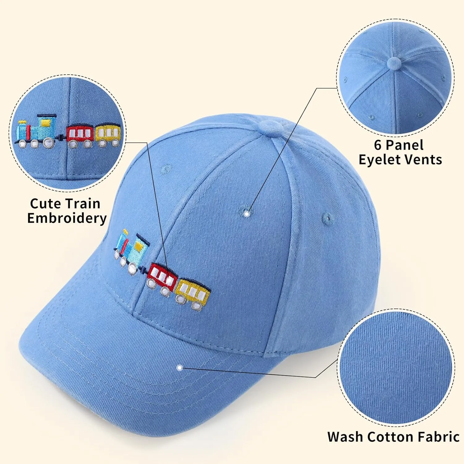 Cute Train Embroidered Kids Baseball Caps Toddler Washed Cotton Vintage Snapback Trucker Hat for Boys Girls 3-8 Years