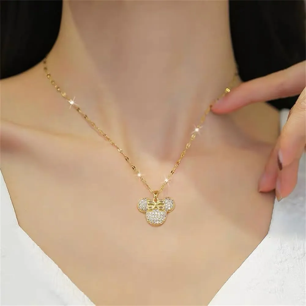 Dainty CZ Lady Mouse Pendant Necklace for Women Teen Girls Surgical Stainless Steel Hypoallergenic Crystal Choker Chain Necklace Adjustable Comfortable Cute Birthday Holiday Jewelry Gifts 18inch