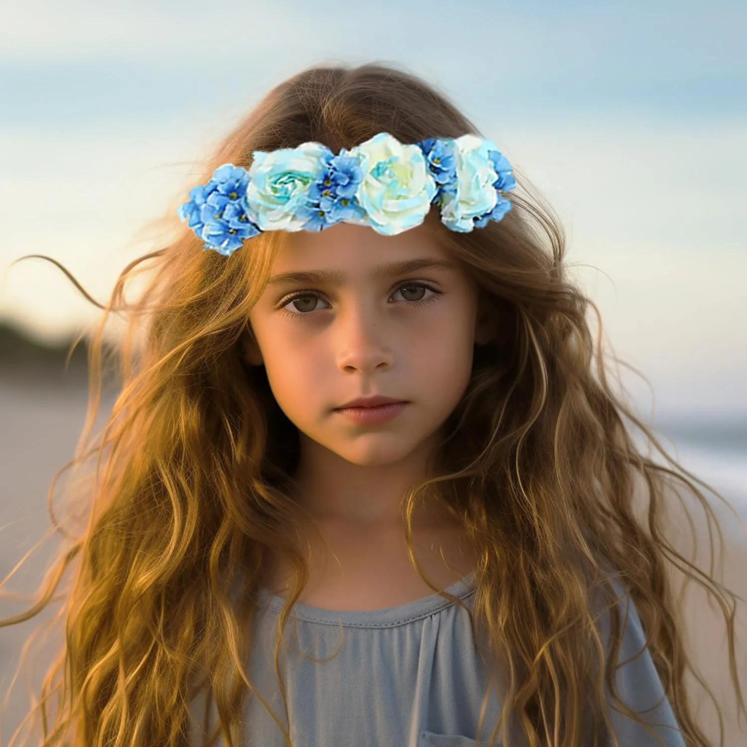 Floral Garland Crown Boho Flower Headband Hair Wreath Floral Halo Headpiece with Ribbon Wedding Party Blue
