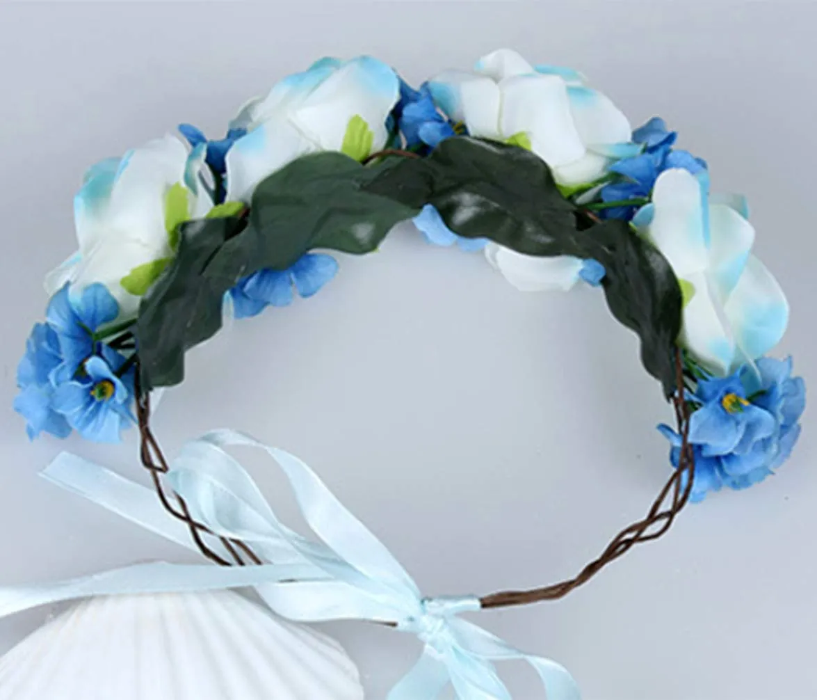 Floral Garland Crown Boho Flower Headband Hair Wreath Floral Halo Headpiece with Ribbon Wedding Party Blue