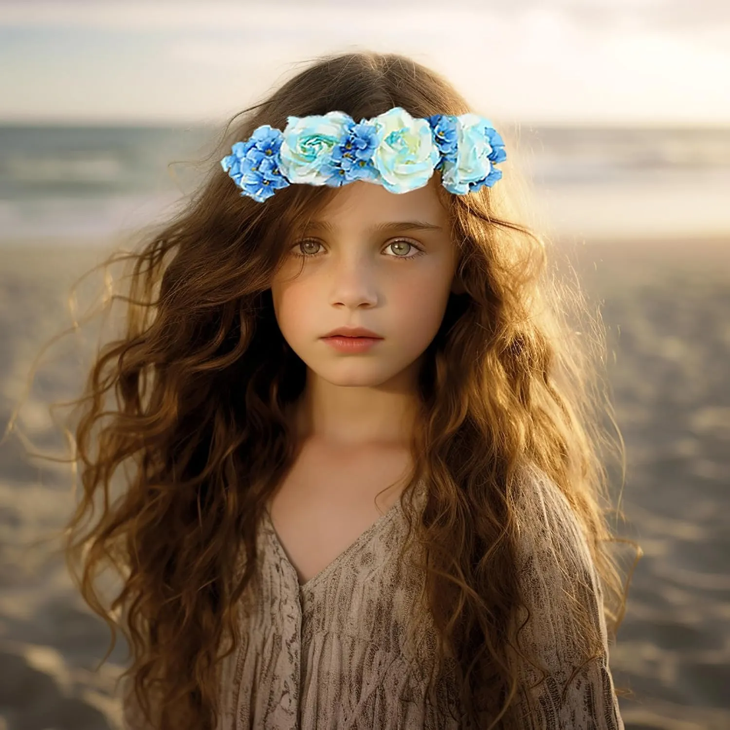 Floral Garland Crown Boho Flower Headband Hair Wreath Floral Halo Headpiece with Ribbon Wedding Party Blue
