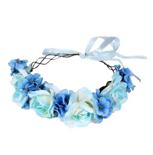 Floral Garland Crown Boho Flower Headband Hair Wreath Floral Halo Headpiece with Ribbon Wedding Party Blue