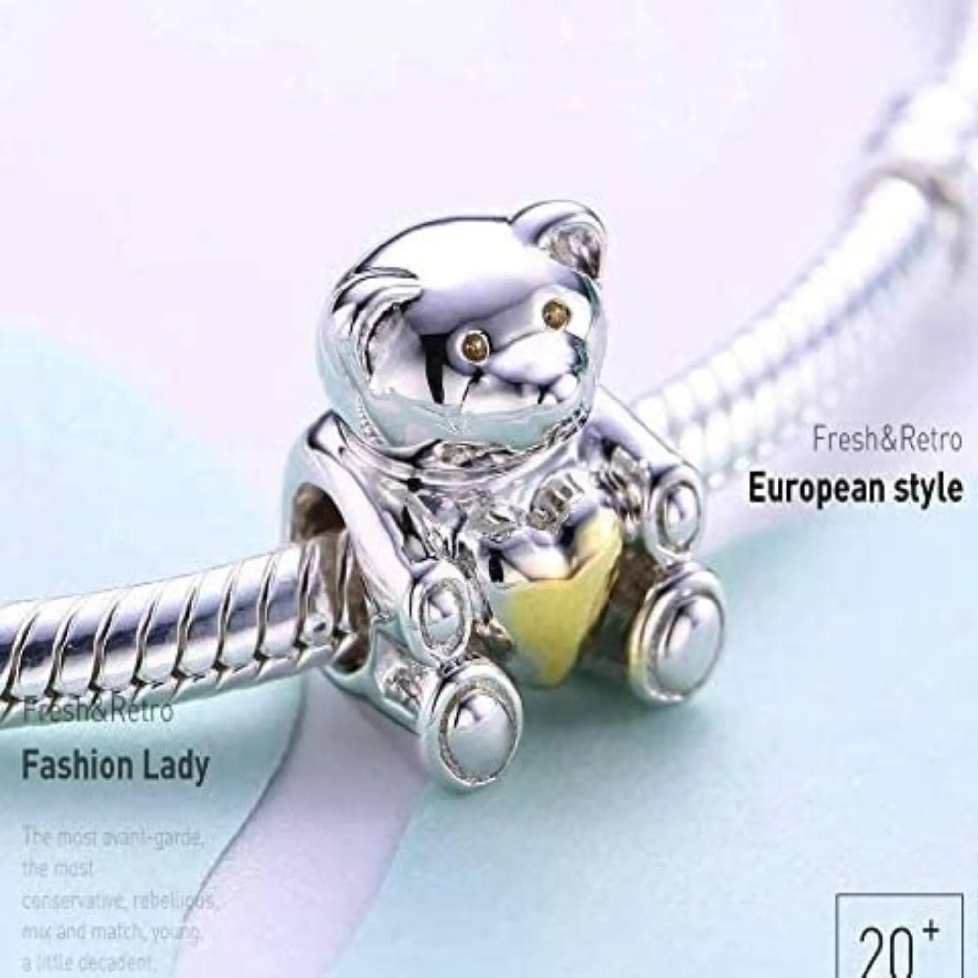 Gold Heart Teddy Bear Bead Charm