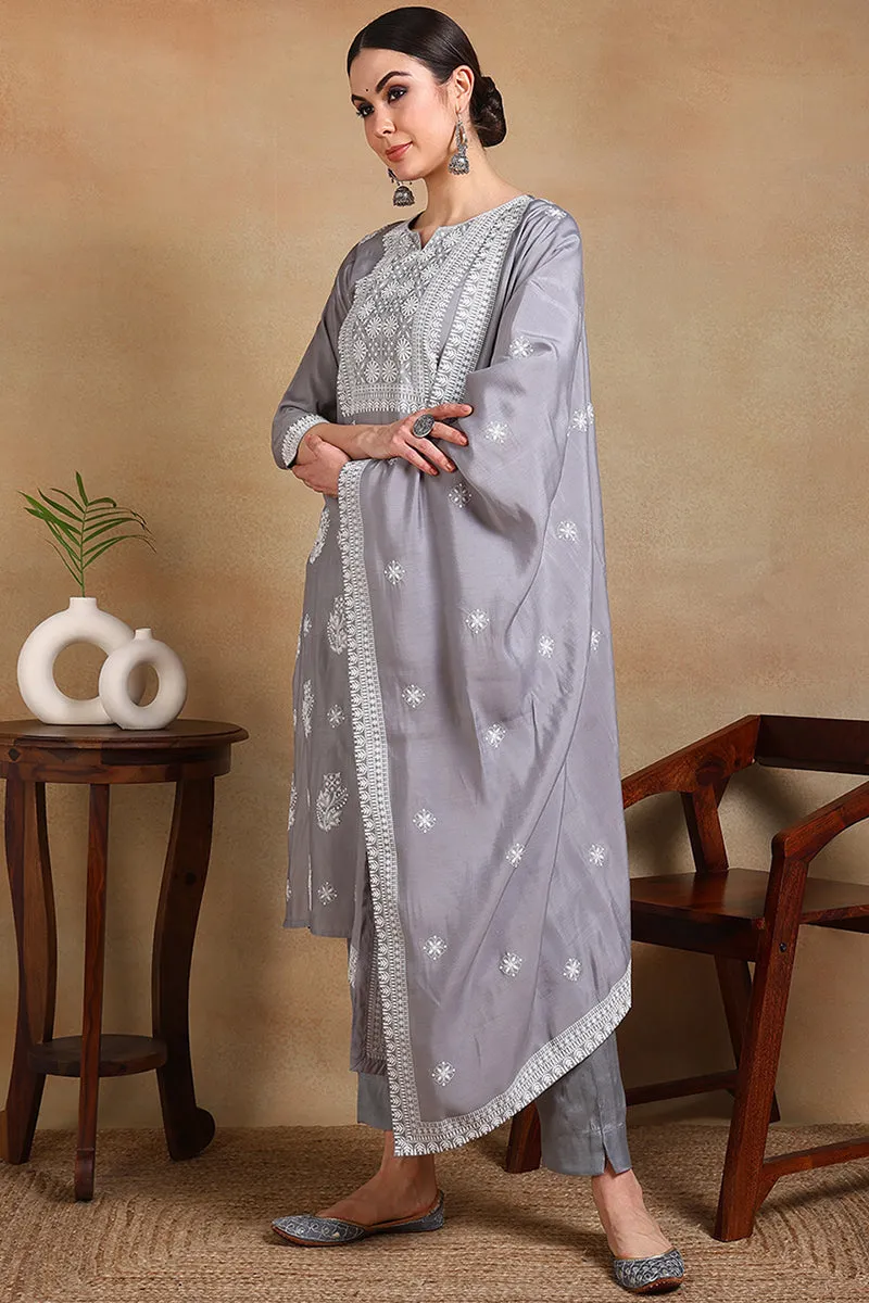 Grey Silk Blend Solid Straight Suit Set
