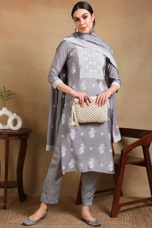 Grey Silk Blend Solid Straight Suit Set