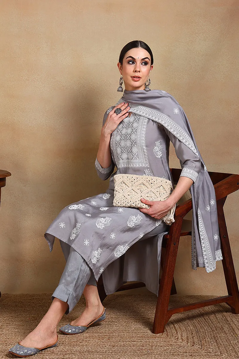 Grey Silk Blend Solid Straight Suit Set