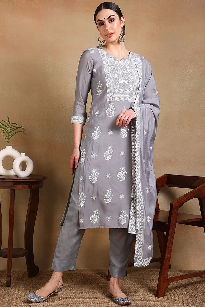 Grey Silk Blend Solid Straight Suit Set