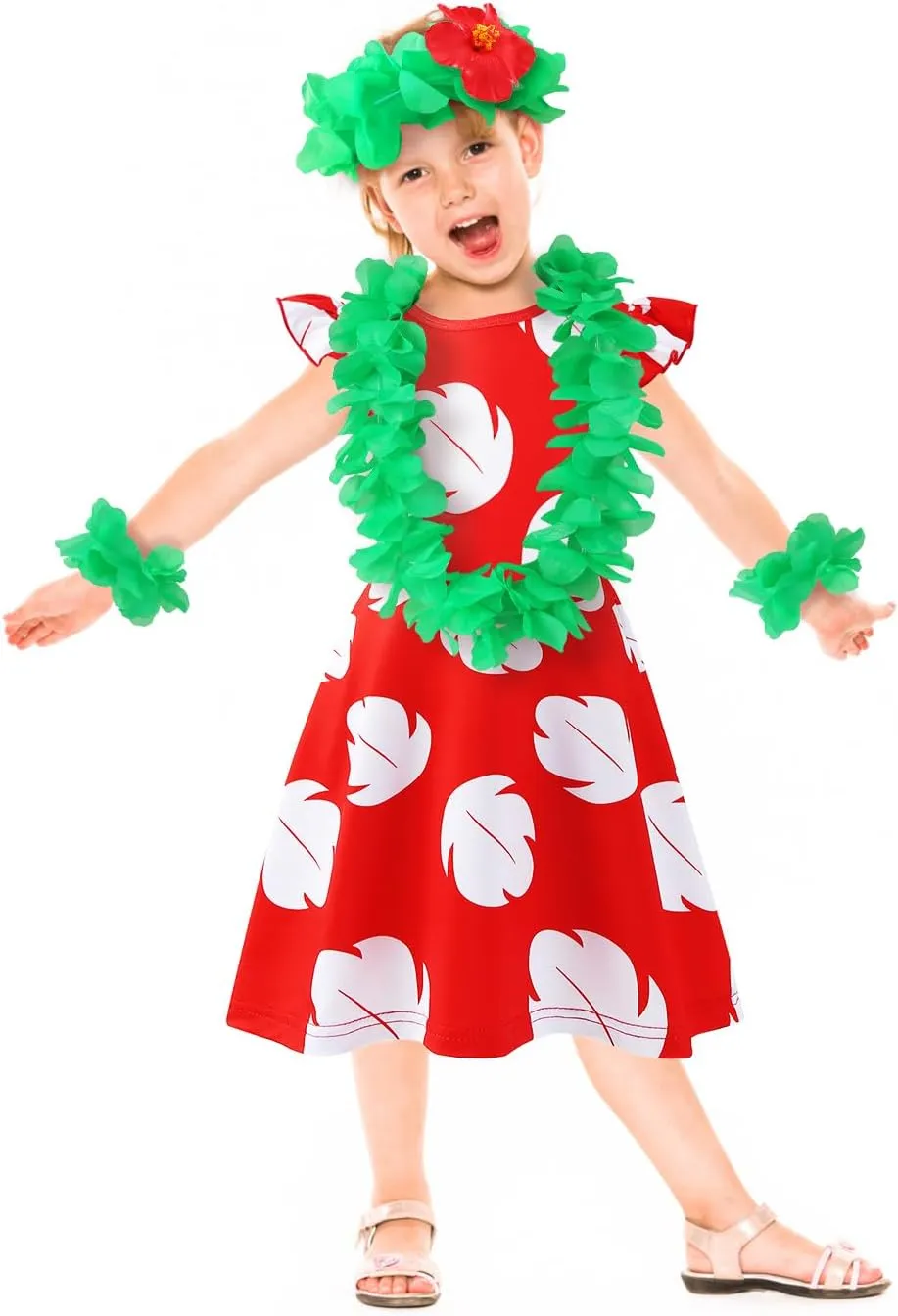 Hawaiian Little Girls Costume Dress with Luau Flower Leis Accessories Flower Hair Clip Toddler Halloween Party Cosplay Outfit