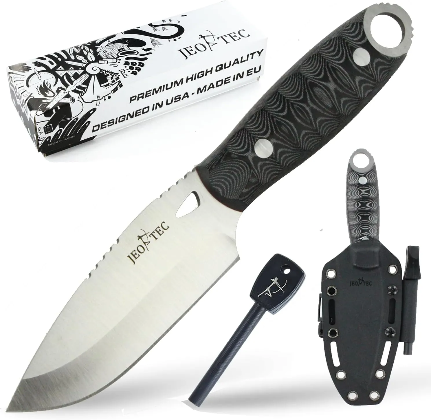 JEO-TEC N10 Bushcraft Survival Knife | Full Tang Fixed Blade Outdoor Camping Utility Hunting Knife In Kydex Sheath | MOVA Steel Fire Starter Scraper | Gift For Him