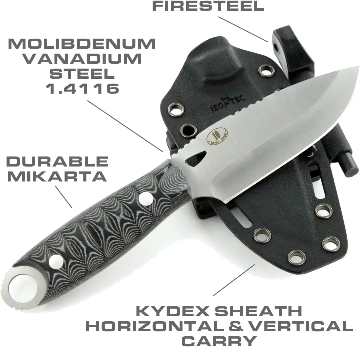 JEO-TEC N10 Bushcraft Survival Knife | Full Tang Fixed Blade Outdoor Camping Utility Hunting Knife In Kydex Sheath | MOVA Steel Fire Starter Scraper | Gift For Him