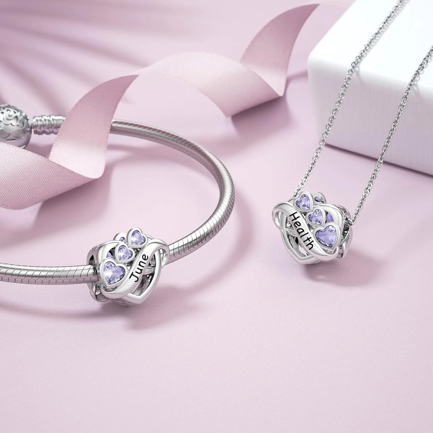 JIAYIQI Birthstone Charm for Charms Bracelet, 925 Sterling Silver Endless Love Heart Charm Engraved Symbolizes, Happy Birthday Charms for Bracelet Necklace