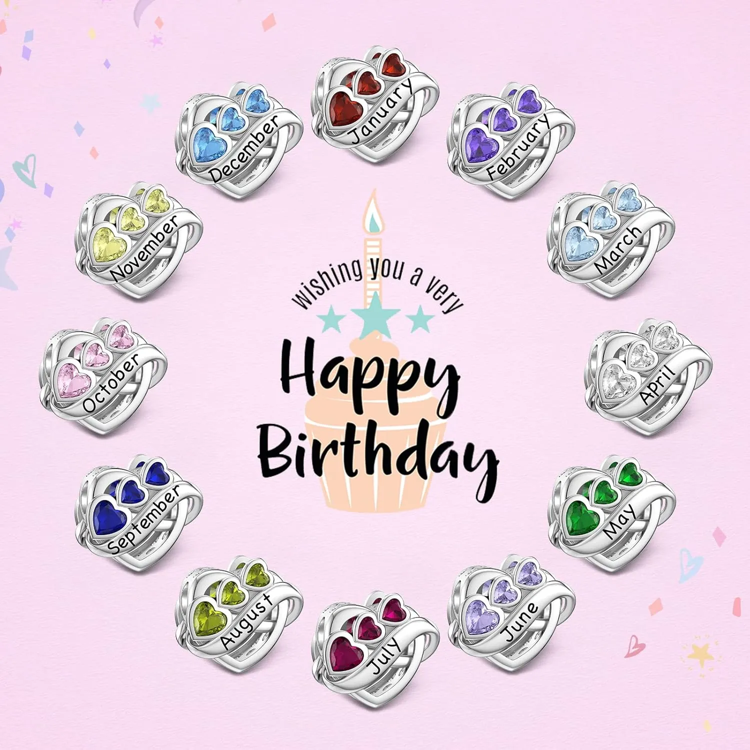 JIAYIQI Birthstone Charm for Charms Bracelet, 925 Sterling Silver Endless Love Heart Charm Engraved Symbolizes, Happy Birthday Charms for Bracelet Necklace