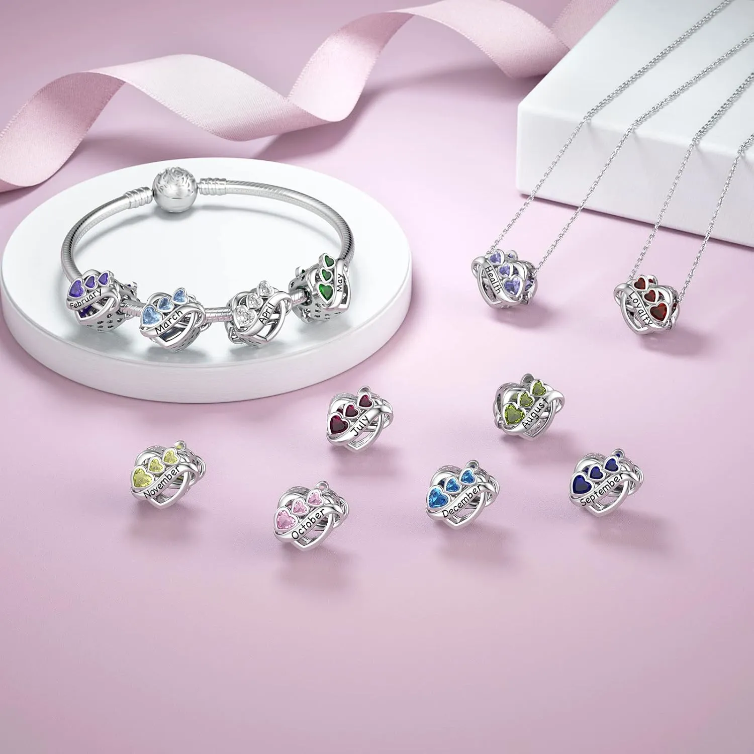 JIAYIQI Birthstone Charm for Charms Bracelet, 925 Sterling Silver Endless Love Heart Charm Engraved Symbolizes, Happy Birthday Charms for Bracelet Necklace