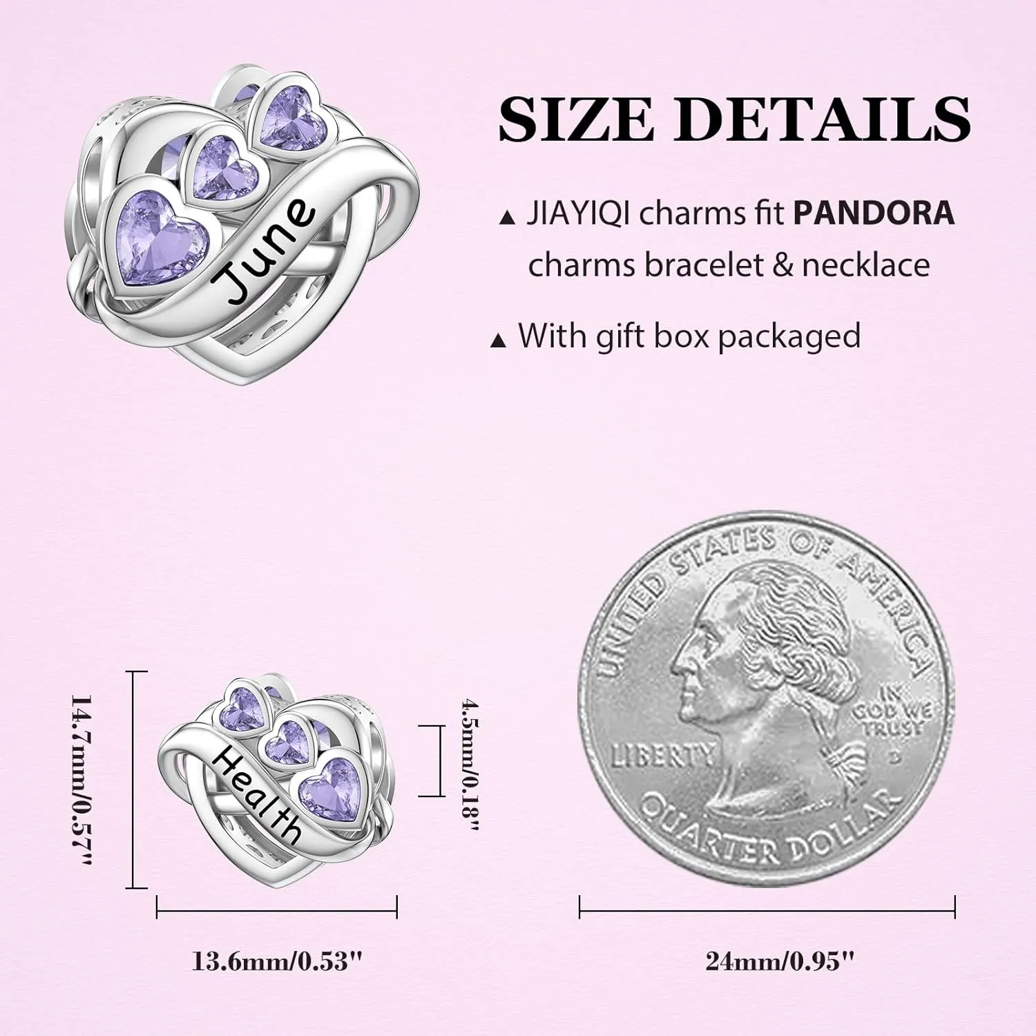 JIAYIQI Birthstone Charm for Charms Bracelet, 925 Sterling Silver Endless Love Heart Charm Engraved Symbolizes, Happy Birthday Charms for Bracelet Necklace