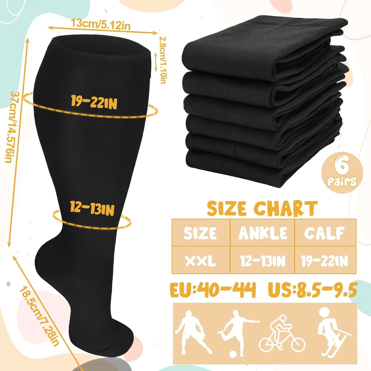 Jspupifip 6 Pairs Plus Size Compression Socks for Women Wide Calf Extra Large Knee High Support for Travel Yoga Running Circulation