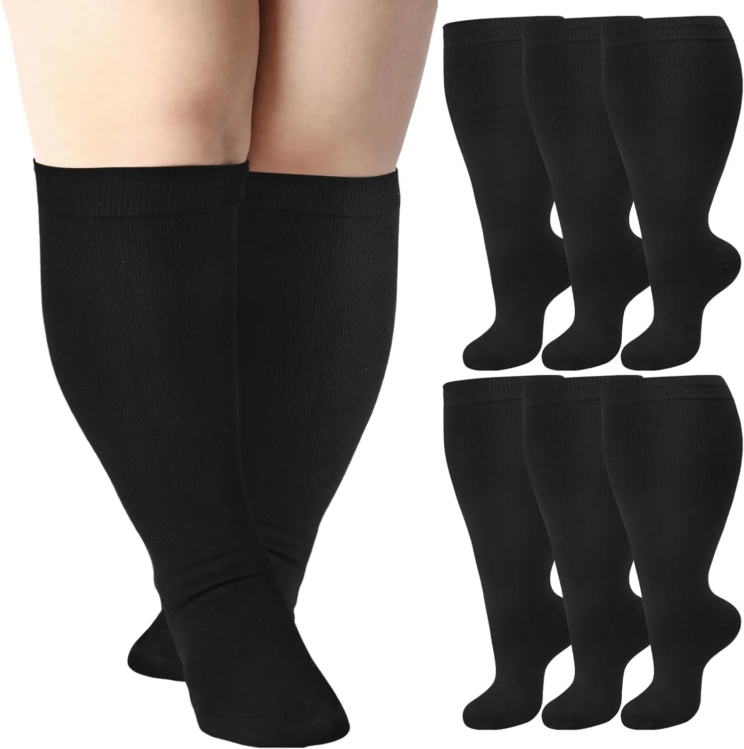 Jspupifip 6 Pairs Plus Size Compression Socks for Women Wide Calf Extra Large Knee High Support for Travel Yoga Running Circulation