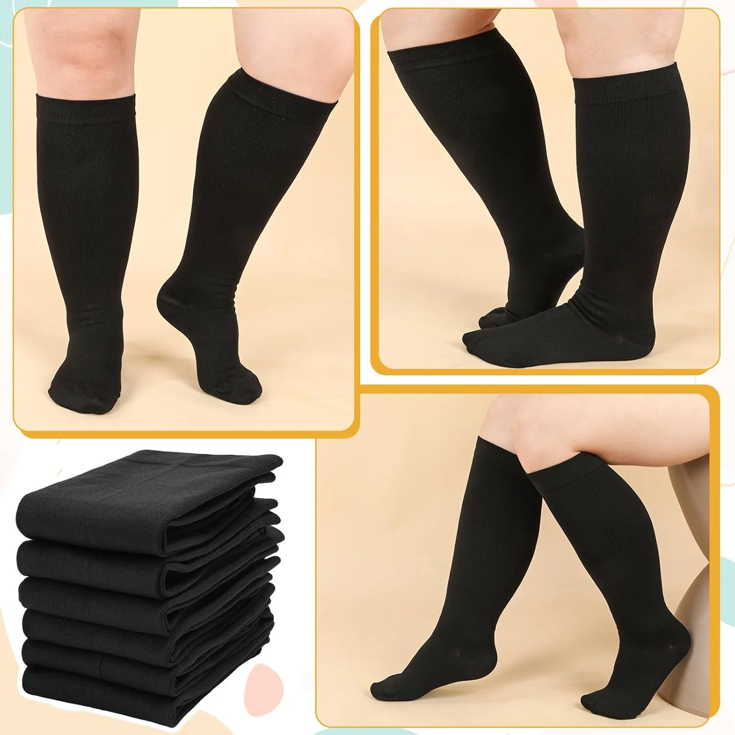 Jspupifip 6 Pairs Plus Size Compression Socks for Women Wide Calf Extra Large Knee High Support for Travel Yoga Running Circulation