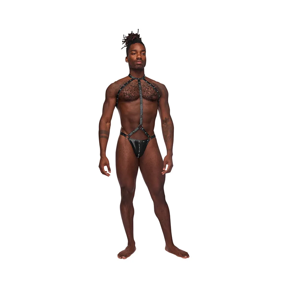 Male Power Fetish Gladiator High-Neck Strappy Body Harness Black S/M