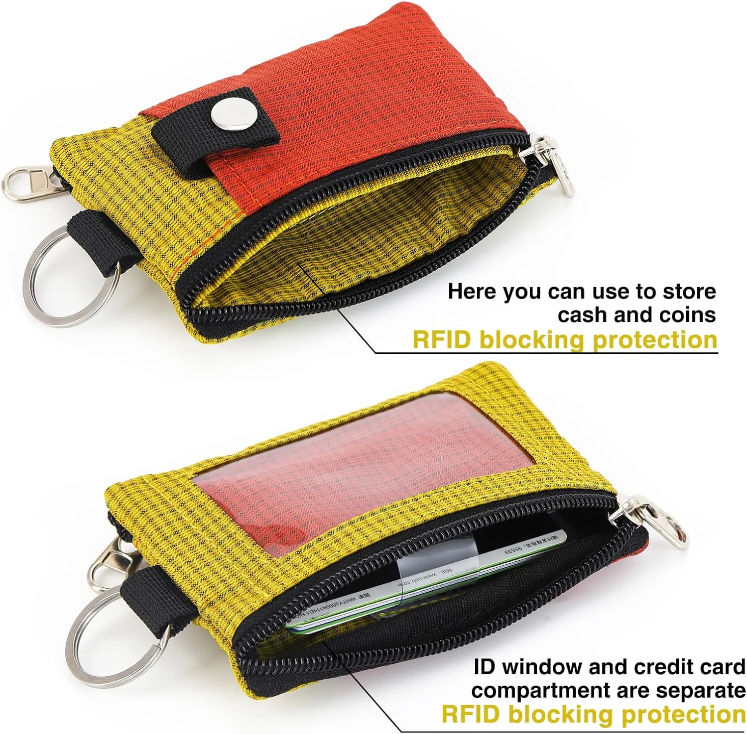 MASAPHlL Small Lanyard Wallet for Women/Men with RFID Blocking ID Card Wallet, Minimalist Nylon Zipper Pouch, Traval Neck Wallet with Keychain, ID Window for Card,Coin,Cash (Deep red Golden Yellow)