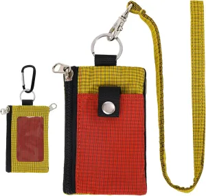 MASAPHlL Small Lanyard Wallet for Women/Men with RFID Blocking ID Card Wallet, Minimalist Nylon Zipper Pouch, Traval Neck Wallet with Keychain, ID Window for Card,Coin,Cash (Deep red Golden Yellow)