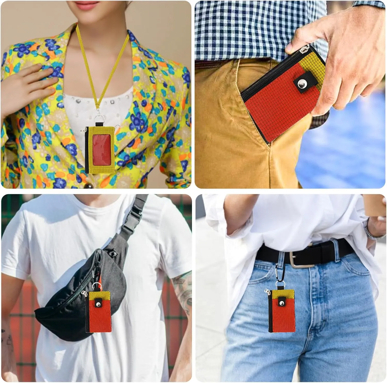 MASAPHlL Small Lanyard Wallet for Women/Men with RFID Blocking ID Card Wallet, Minimalist Nylon Zipper Pouch, Traval Neck Wallet with Keychain, ID Window for Card,Coin,Cash (Deep red Golden Yellow)