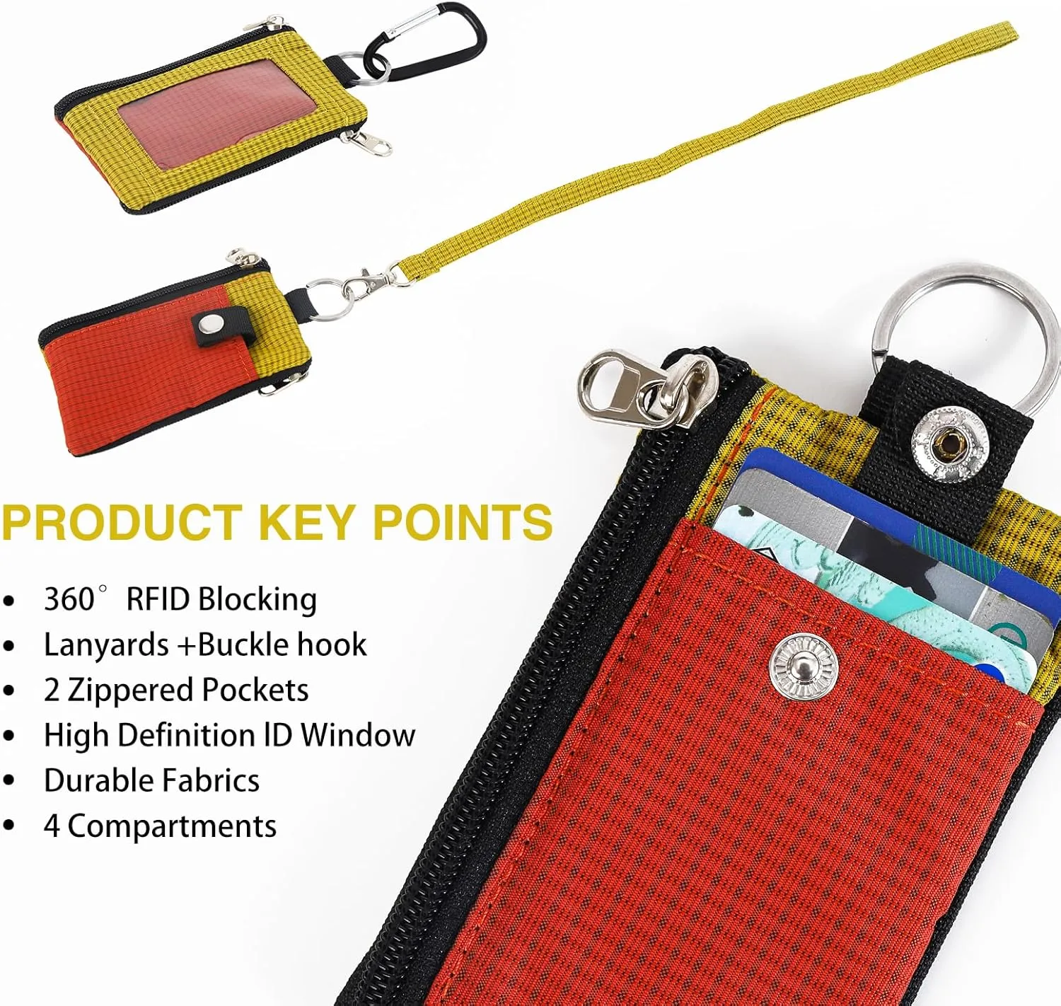 MASAPHlL Small Lanyard Wallet for Women/Men with RFID Blocking ID Card Wallet, Minimalist Nylon Zipper Pouch, Traval Neck Wallet with Keychain, ID Window for Card,Coin,Cash (Deep red Golden Yellow)
