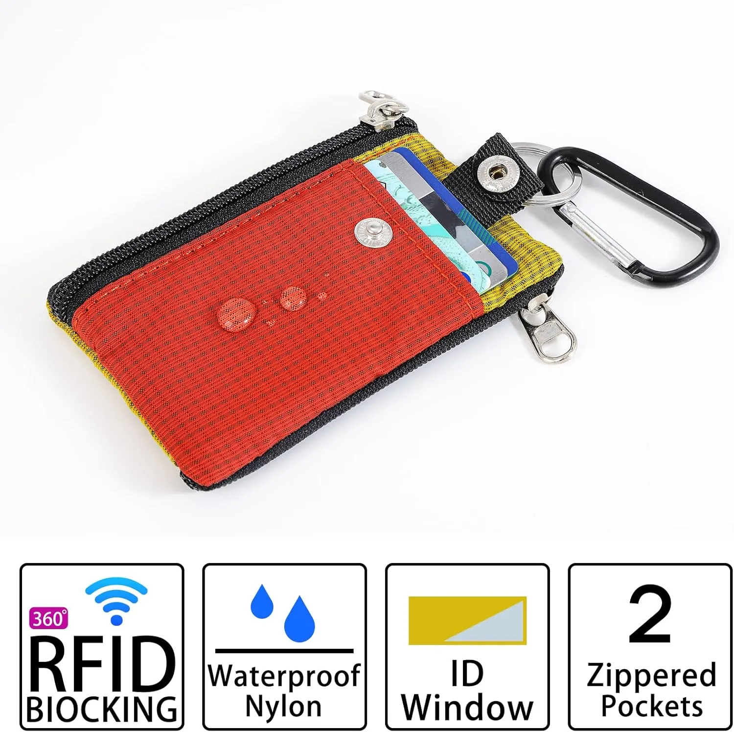 MASAPHlL Small Lanyard Wallet for Women/Men with RFID Blocking ID Card Wallet, Minimalist Nylon Zipper Pouch, Traval Neck Wallet with Keychain, ID Window for Card,Coin,Cash (Deep red Golden Yellow)
