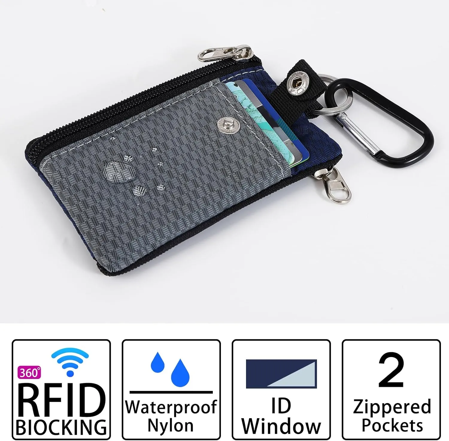 MASAPHlL Small Lanyard Wallet for Women/Men with RFID Blocking ID Case Wallet, Minimalist Nylon Zipper Pouch, Traval Neck Wallet with Keychain, ID Window for Card,Coin,Cash (Gray Dark Blue)