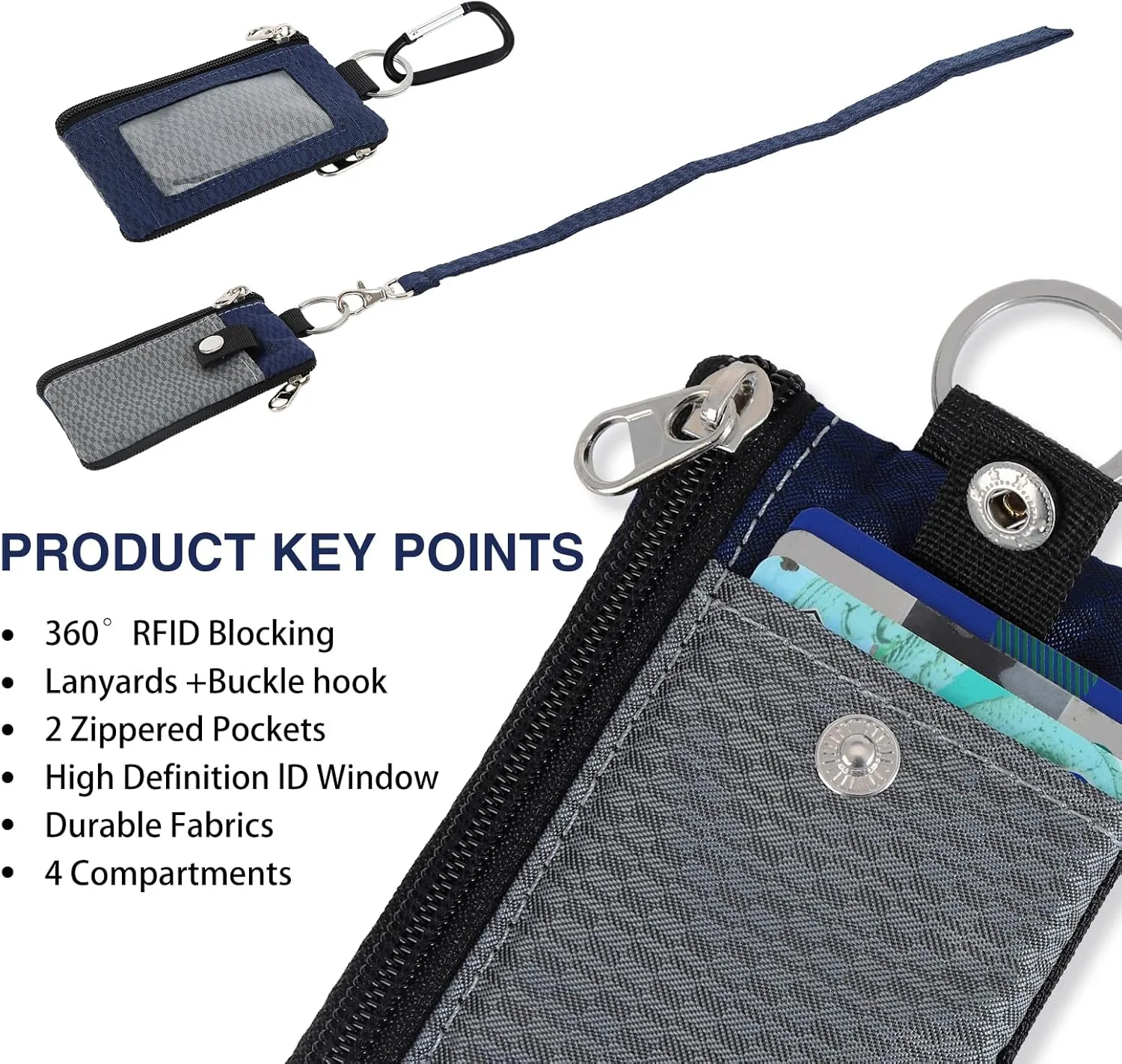 MASAPHlL Small Lanyard Wallet for Women/Men with RFID Blocking ID Case Wallet, Minimalist Nylon Zipper Pouch, Traval Neck Wallet with Keychain, ID Window for Card,Coin,Cash (Gray Dark Blue)