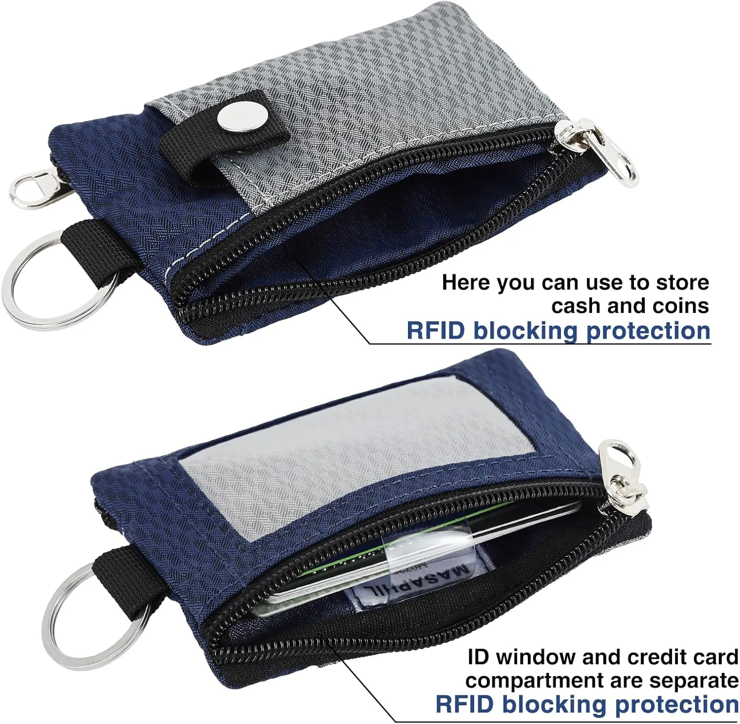 MASAPHlL Small Lanyard Wallet for Women/Men with RFID Blocking ID Case Wallet, Minimalist Nylon Zipper Pouch, Traval Neck Wallet with Keychain, ID Window for Card,Coin,Cash (Gray Dark Blue)