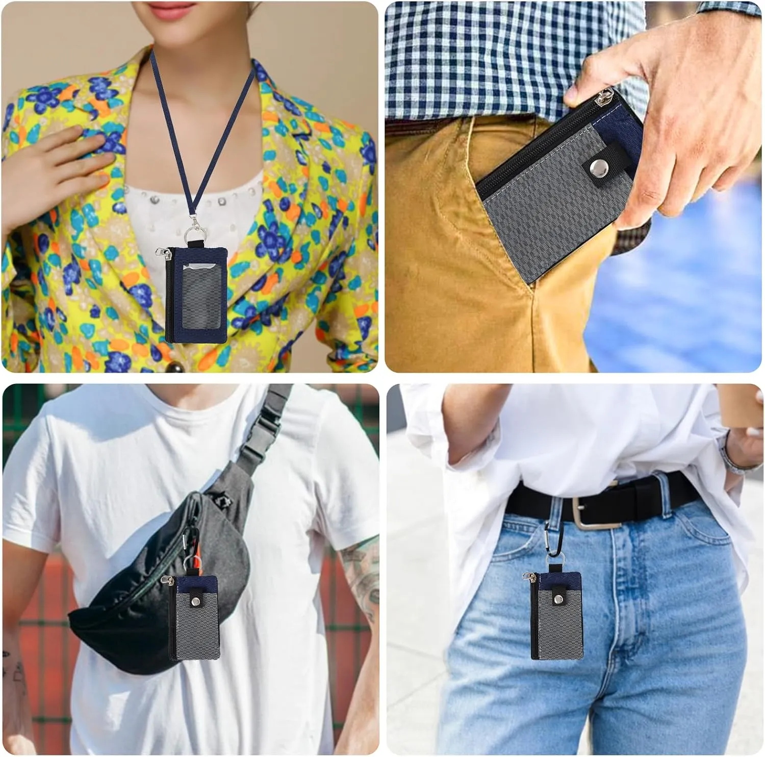 MASAPHlL Small Lanyard Wallet for Women/Men with RFID Blocking ID Case Wallet, Minimalist Nylon Zipper Pouch, Traval Neck Wallet with Keychain, ID Window for Card,Coin,Cash (Gray Dark Blue)