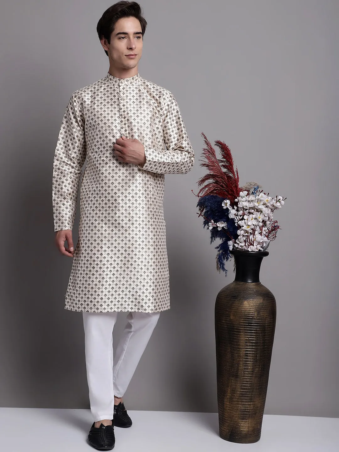 Men'S Grey Printed Silk Blend Kurta
