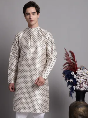 Men'S Grey Printed Silk Blend Kurta