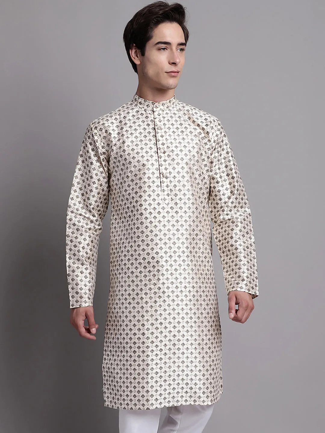 Men'S Grey Printed Silk Blend Kurta